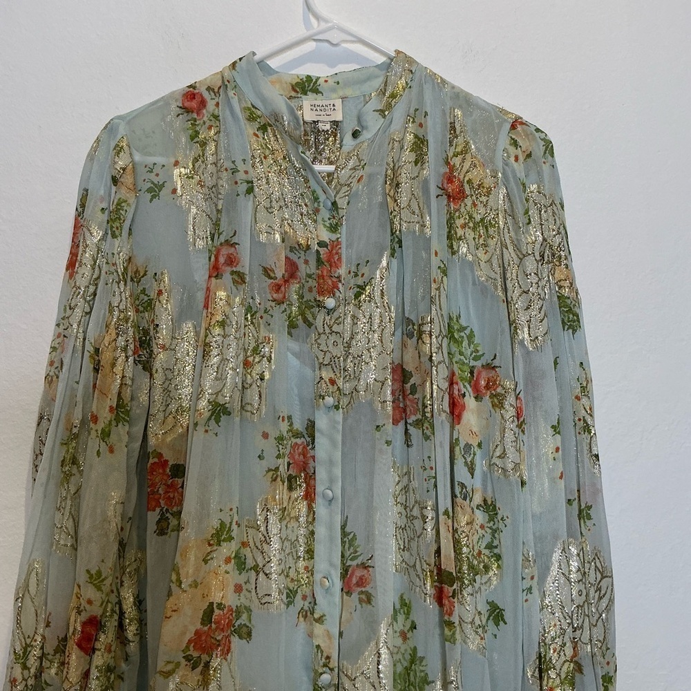 HEMANT & NANDITA Livia Floral Whimsical Sparkly Chiffon Dress with Slip XSmall - Picture 6 of 16